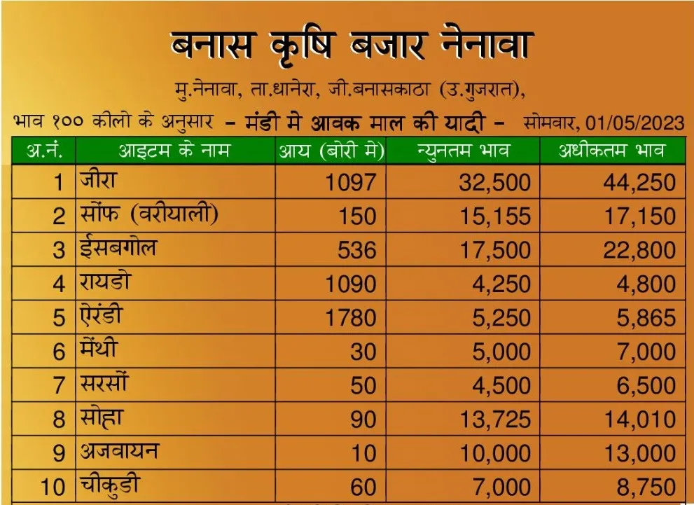 धानेरा मंडी भाव 01 मई 2023