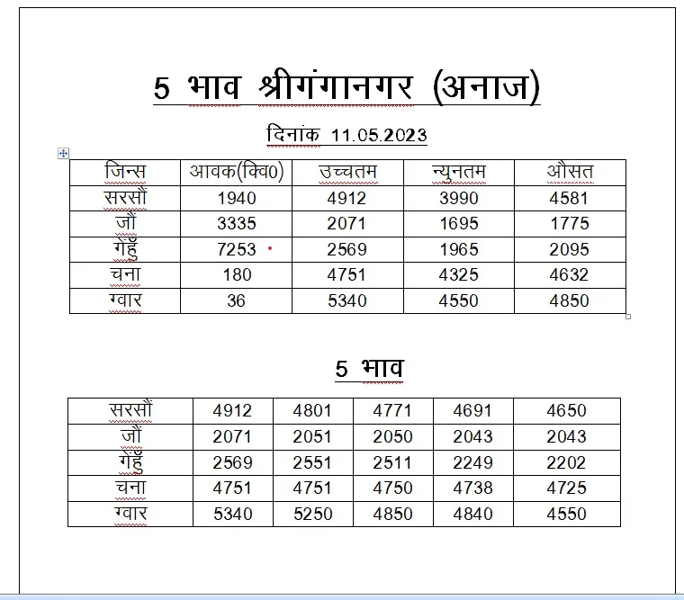 श्री गंगानगर मंडी भाव 11 मई 2023 