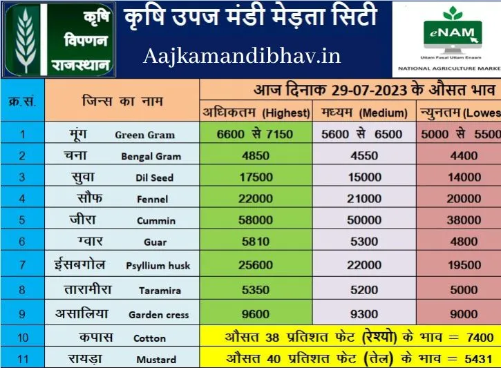 Merta mandi bhav 29 july 2023